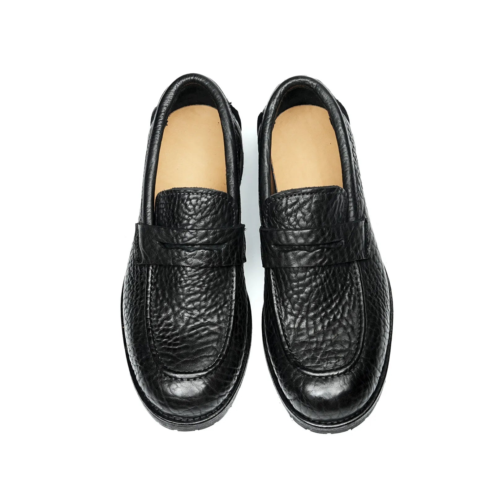 1570-53 Men's Classic Black Leather Loafers, Top View Showing Round Toe Design