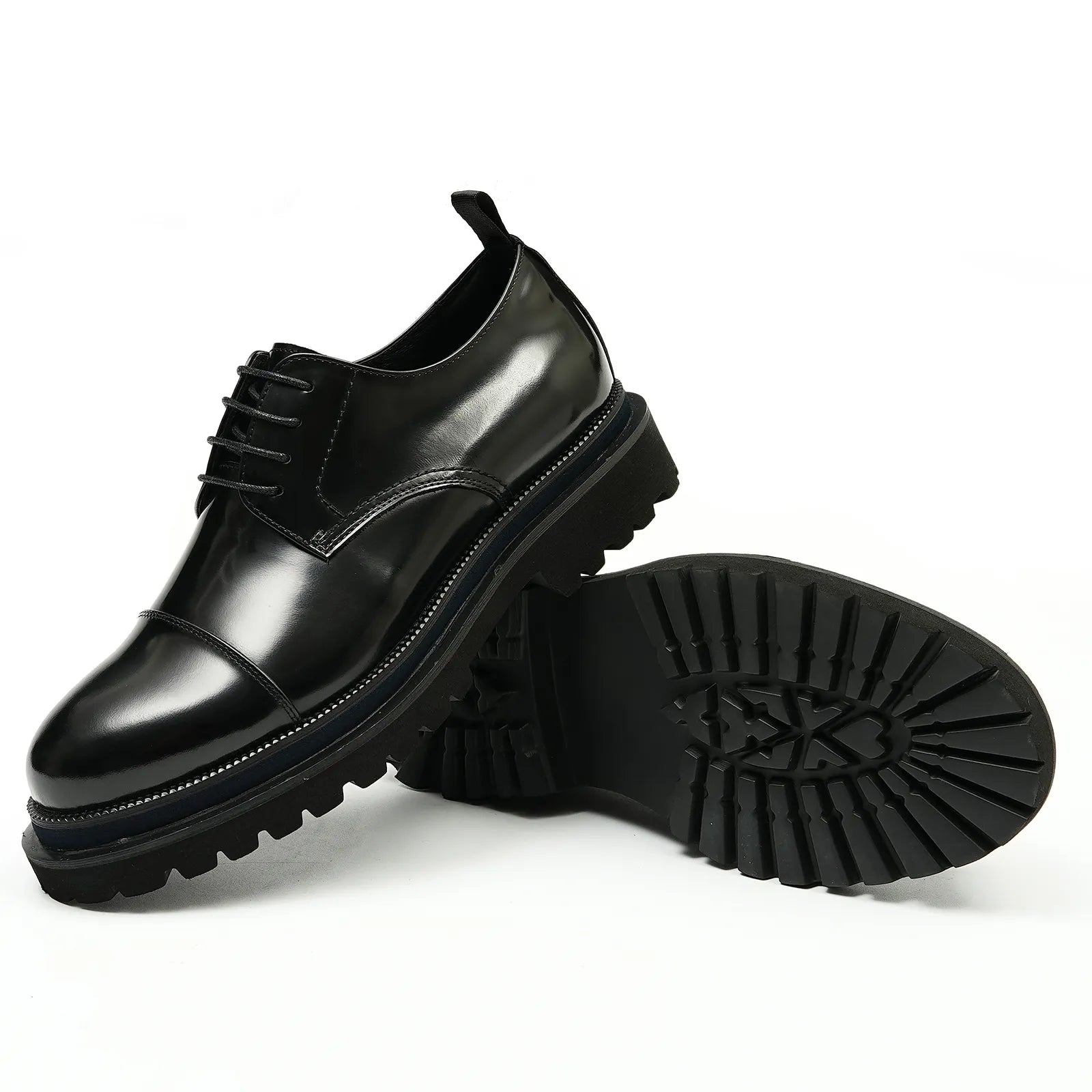 23677 Men's Black Leather Derby Shoes, British Style Heel Detail
