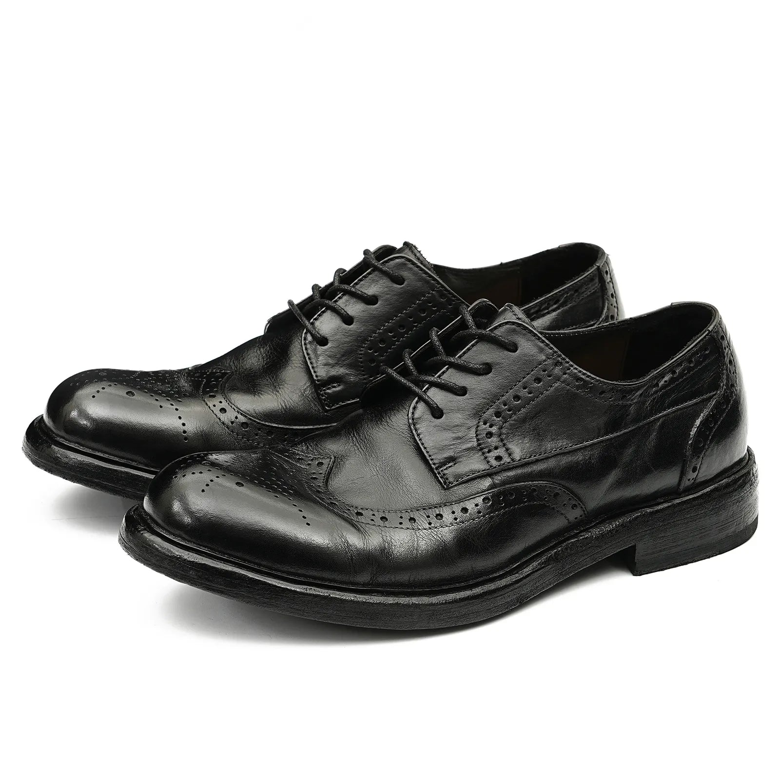 Side Angle of Model 82803 Black Goodyear Welted Brogues in Premium Top Grain Cowhide