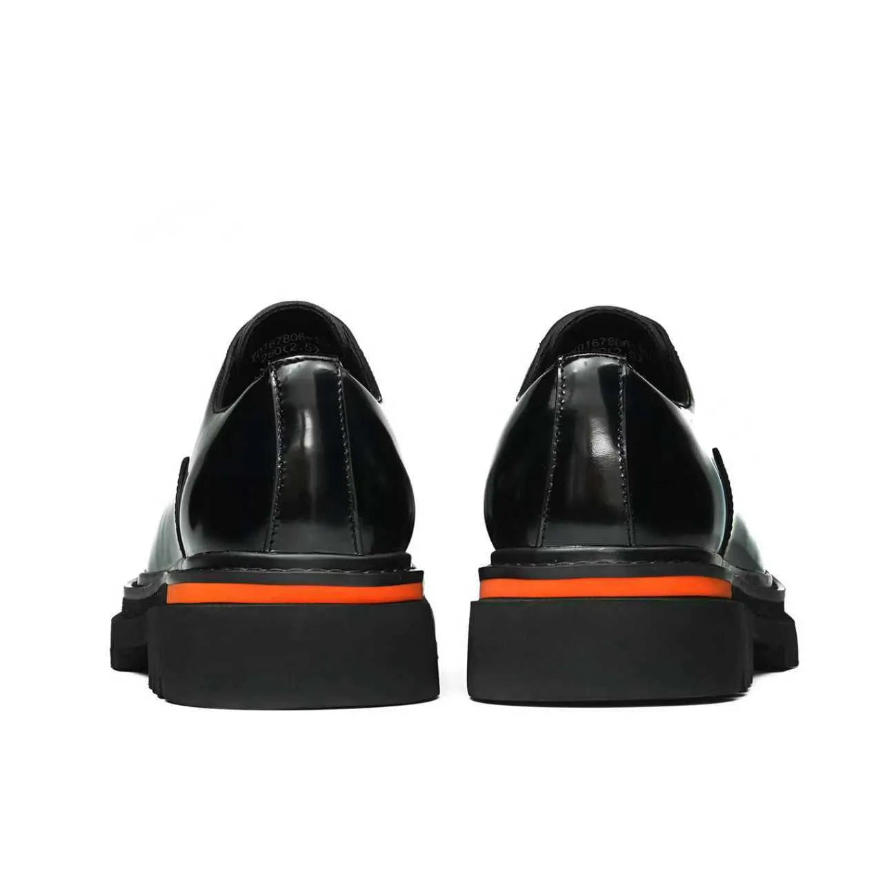 Rear view of Model 66307 black platform loafers highlighting the reinforced leather heel and high-quality artisanal finish.