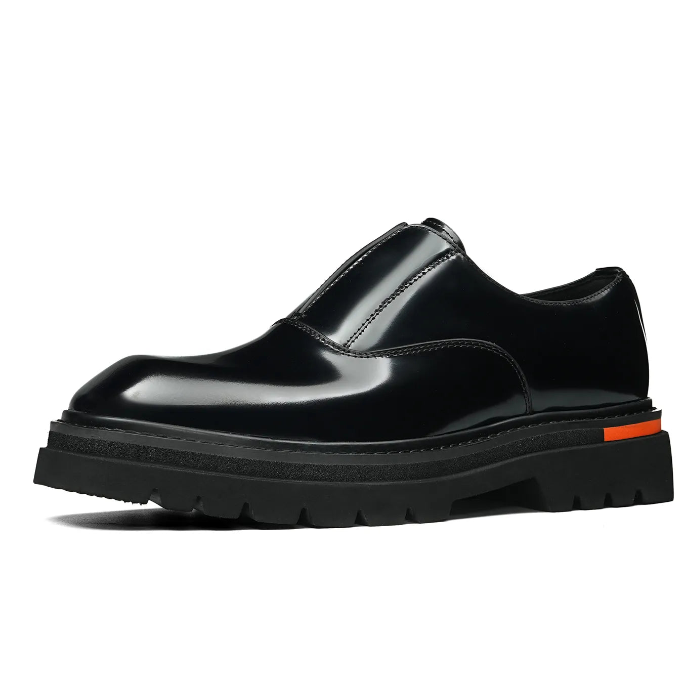 Model 66307 black premium cowhide leather slip-on derby with modern square toe and chunky platform sole.
