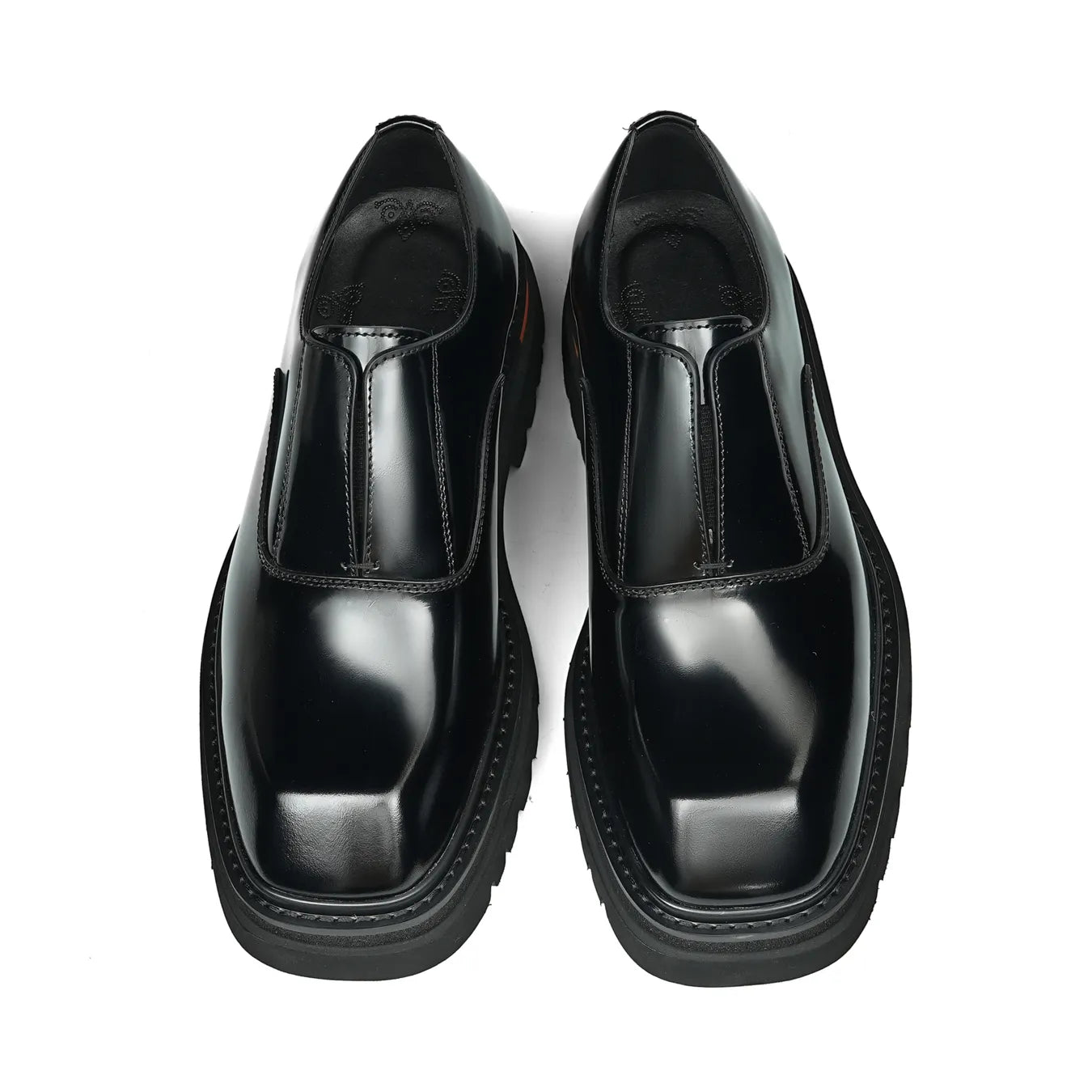 Overhead view of Model 66307 black square-toe loafer derby showing smooth top grain leather and laceless design.