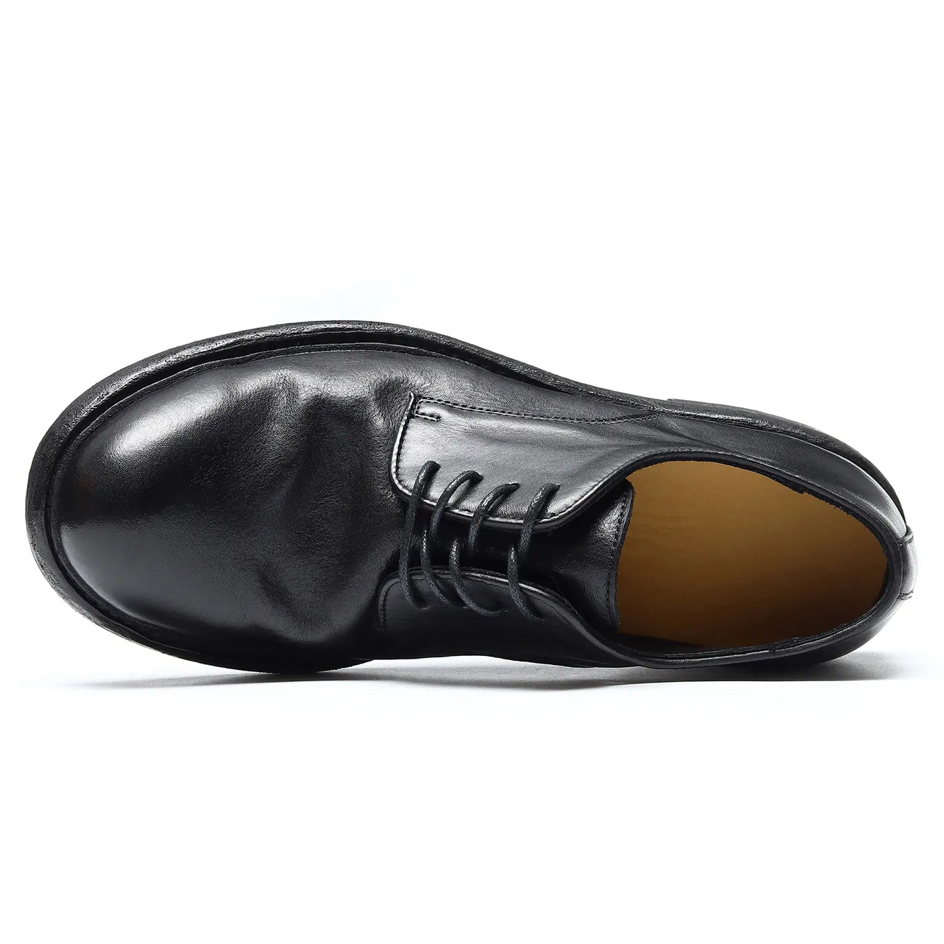 Top-down view of Siwei-82710 men's hand-finished black grain leather Derby shoe with Goodyear welt construction.