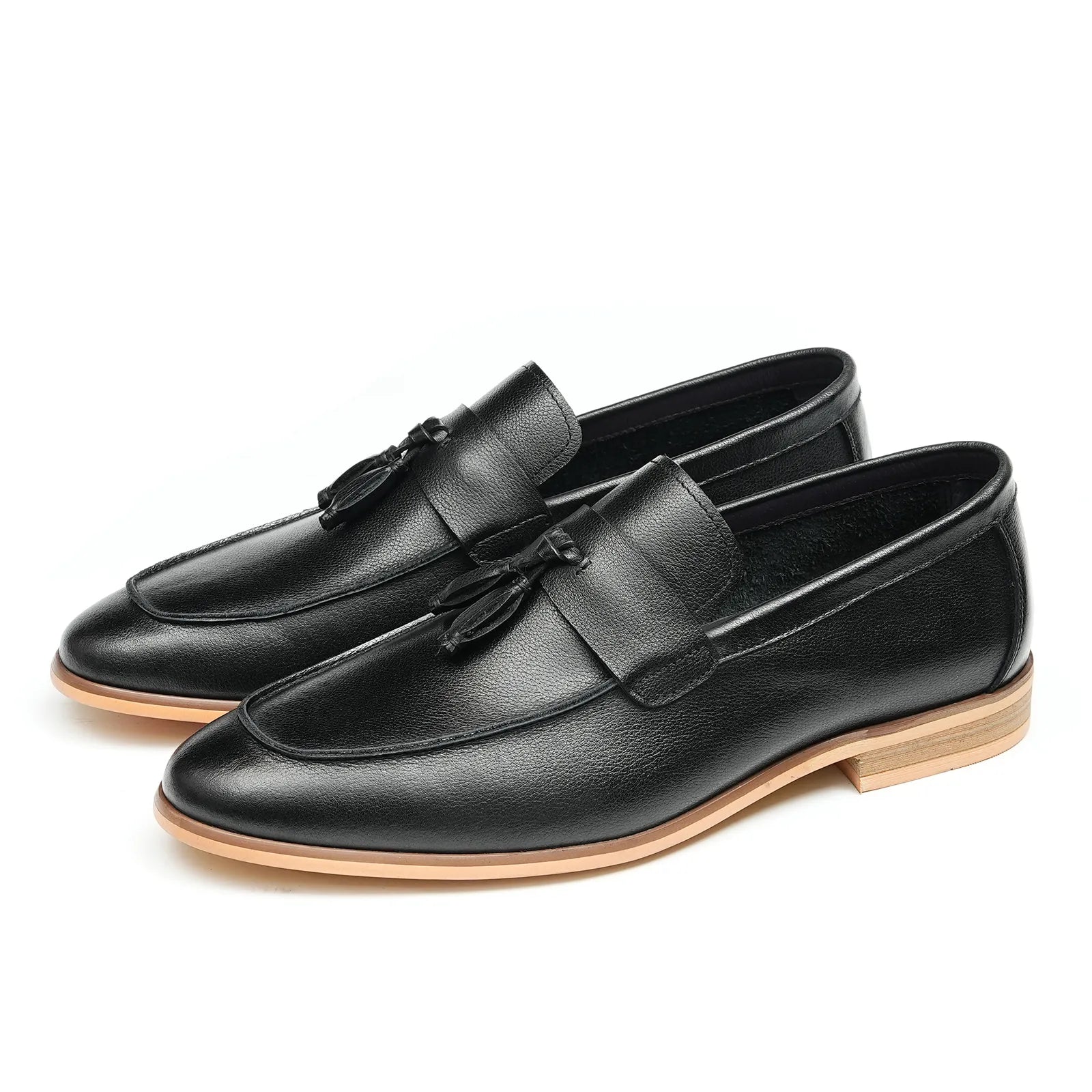 23720 Men's Black Leather Loafers, British Style Slip-on Side Angle View