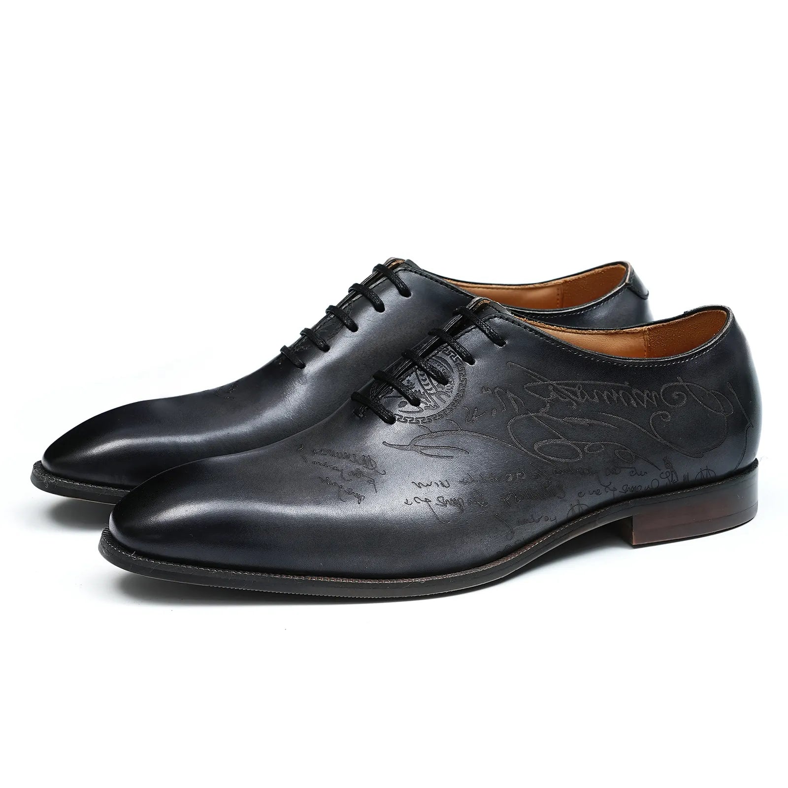 Model 68883 blackish grey premium leather Oxford shoes, featuring intricate brogue detailing and a modern square toe silhouette.