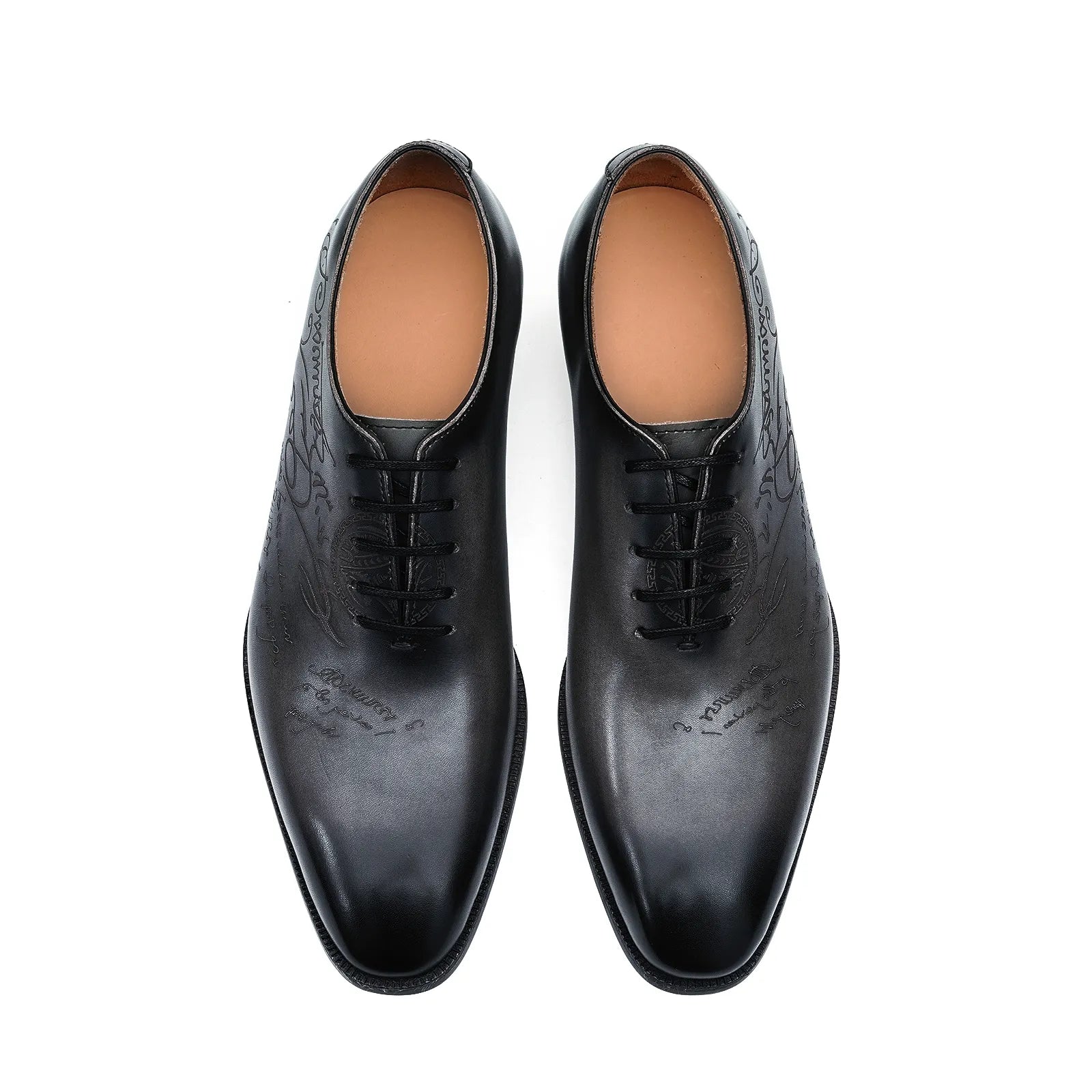 Top-down view of Model 68883 blackish grey brogue oxfords, showcasing the clean five-eyelet lacing and symmetrical square-toe design.
