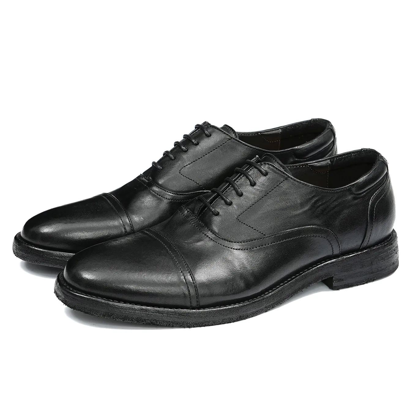 Side View of Model 82802 Black Horsehide Leather Oxfords with Hand-Finished Vintage Patina  Goodyear