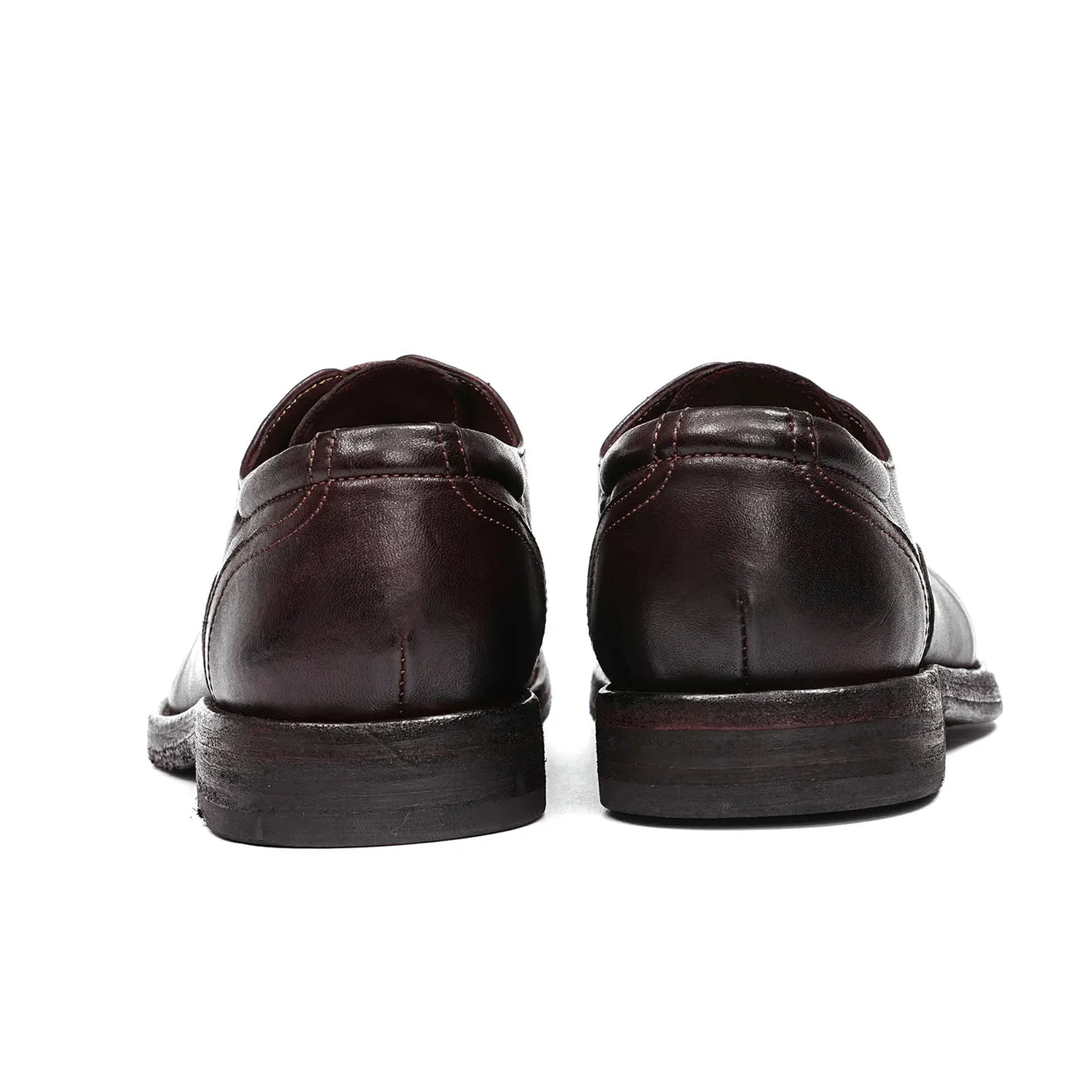 Rear View of Model 82802 Coffee Brown Horsehide Oxford Shoes with Durable Mid-Heel Construction goodyear