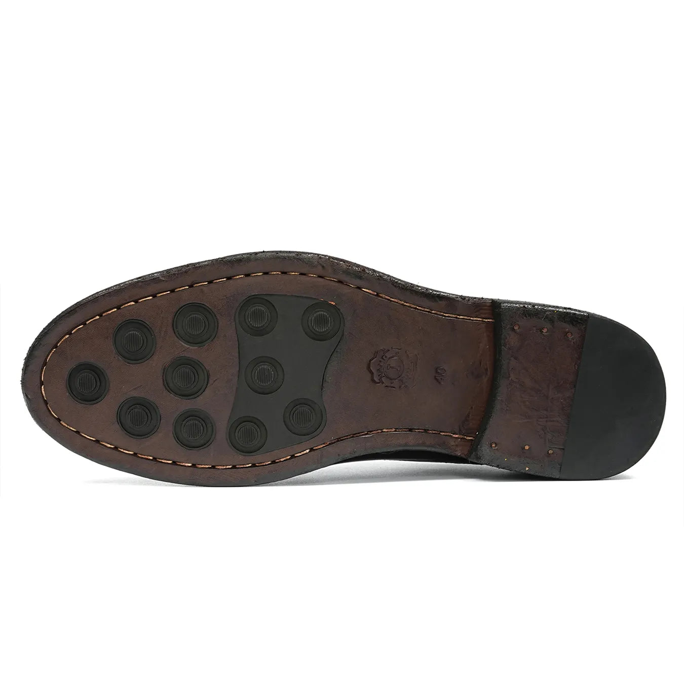 Bottom View of Model 82802 Leather Outsole with Rubber Traction Pads and Goodyear Welt Craftsmanship goodyear