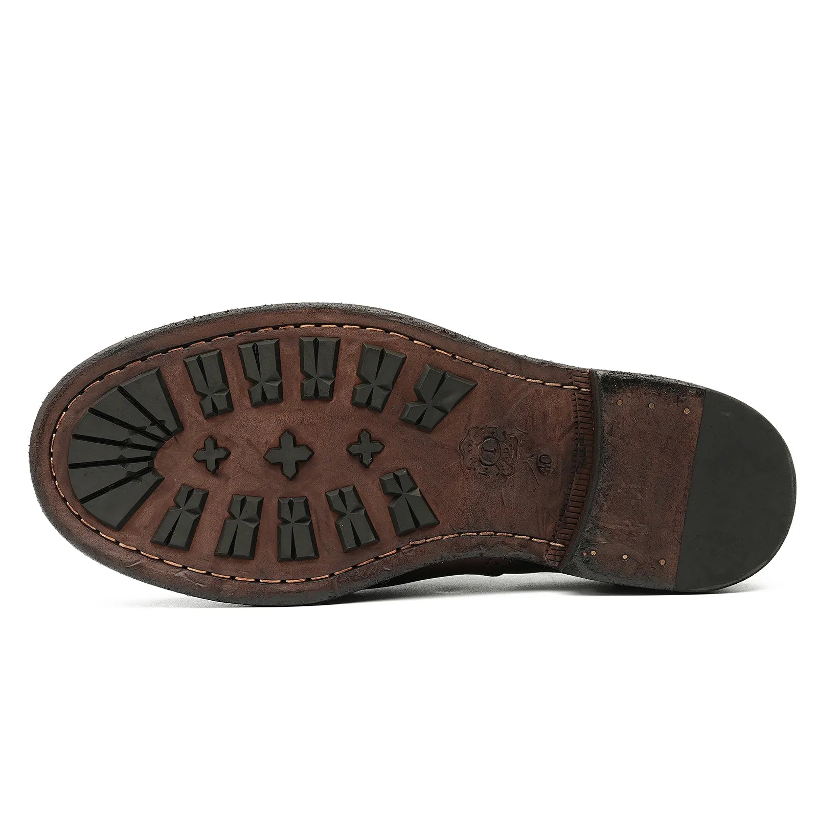 Bottom View of Model 82803 Genuine Leather Sole with Traction Pads and Goodyear Welt Stitching