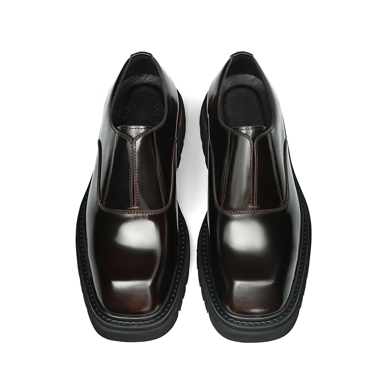 Top-down view of Model 66307 coffee brown leather loafers showcasing the rich multi-tonal hand-rubbed finish.