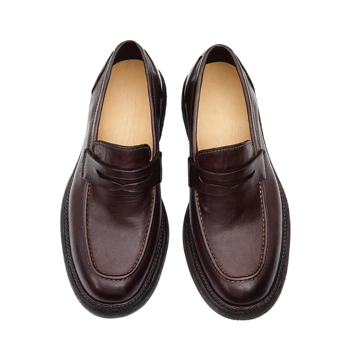 Top View of Model 82807 Dark Brown Horsehide Loafers showing Genuine Leather Insole